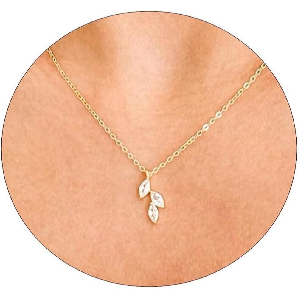 Diamond Necklaces for Women, Dainty 14k Gold Plated Leaf Pendant Necklace Layere